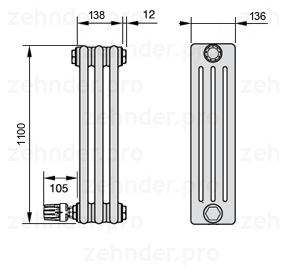 Схема (чертеж) Радиатор Zehnder Charleston 4110/3 №V003 Белый глянцевый RAL 9016